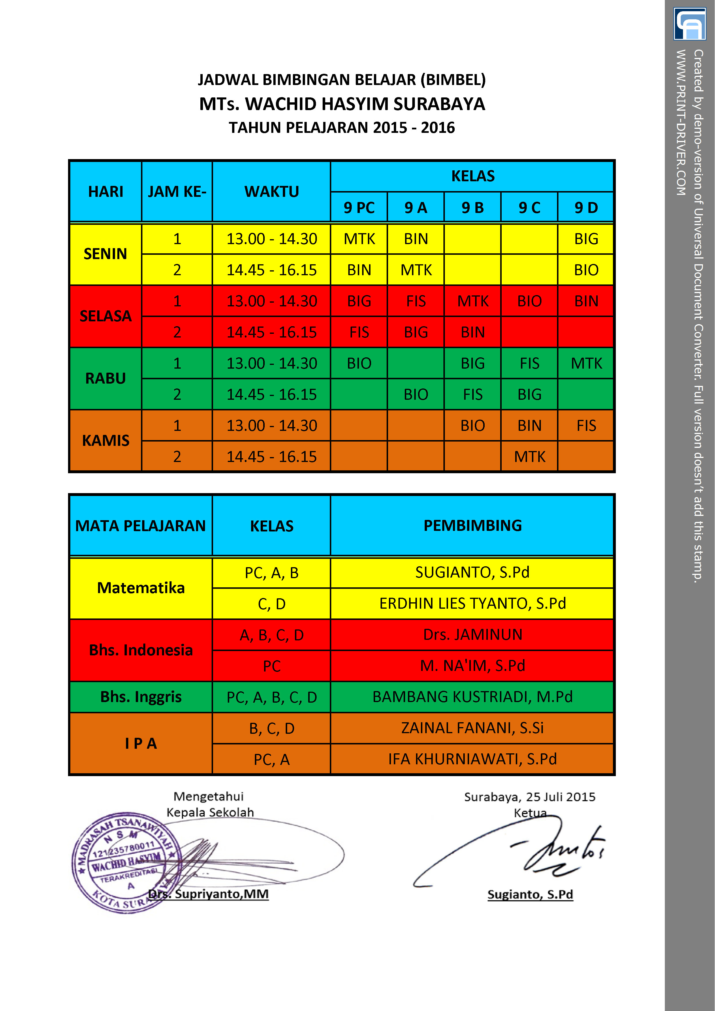 JADWAL BIMBINGAN BELAJAR (BIMBEL)
