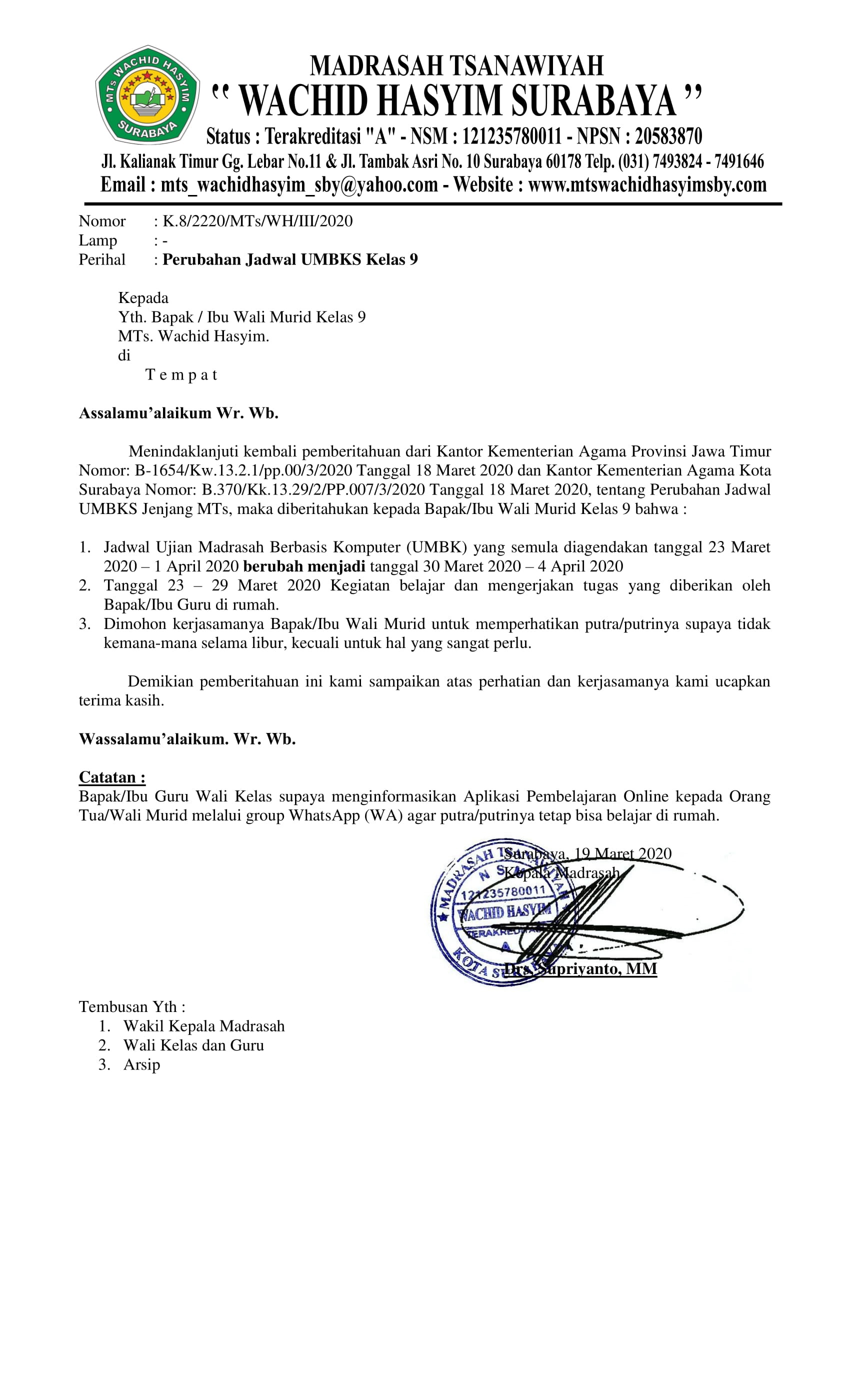 PERUBAHAN PELAKSANAAN UMBK BAGI KELAS 9-1