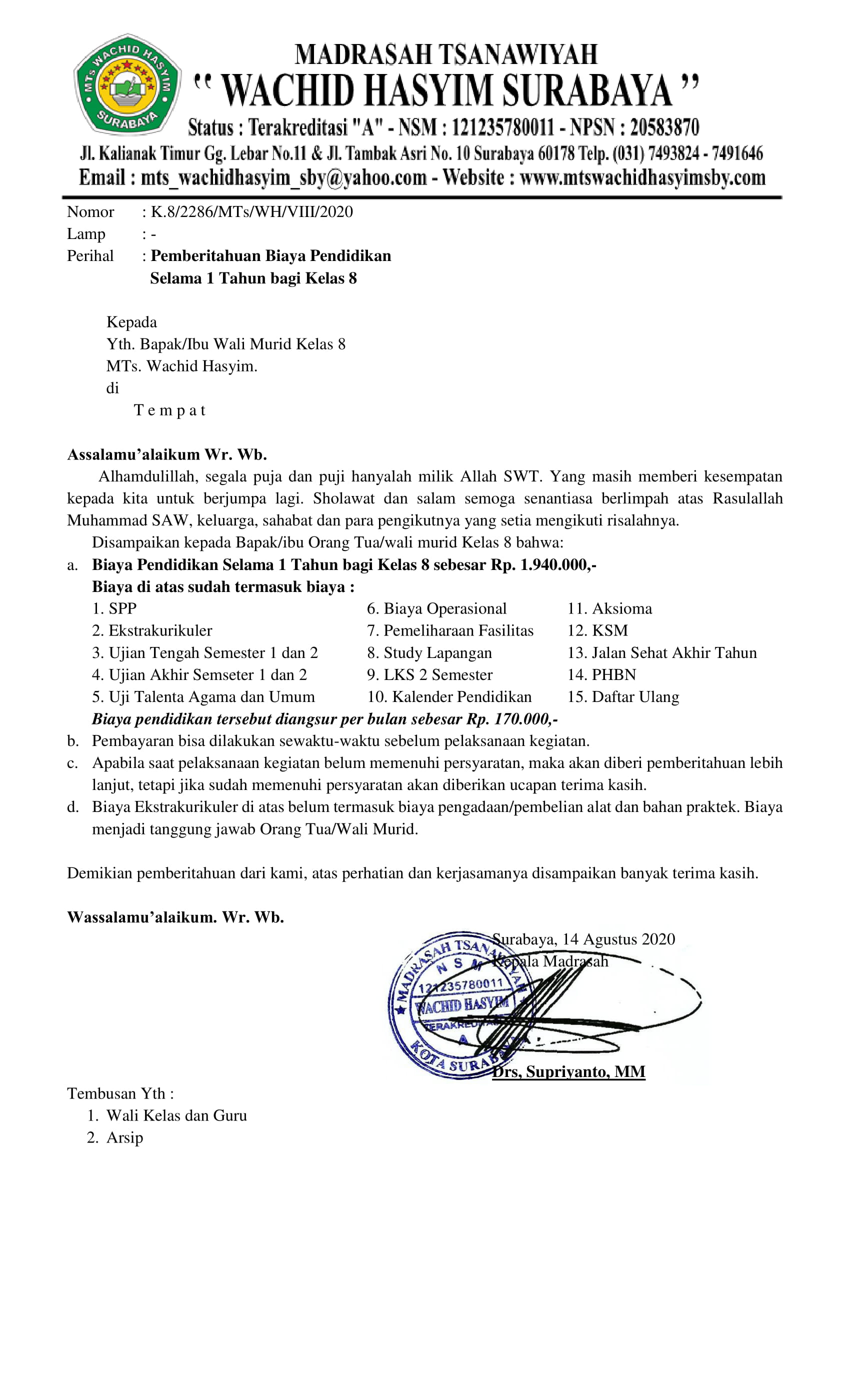 6. Pemberitahuan Biaya Pendidikan Tahun Pelajaran 2020-2021-2